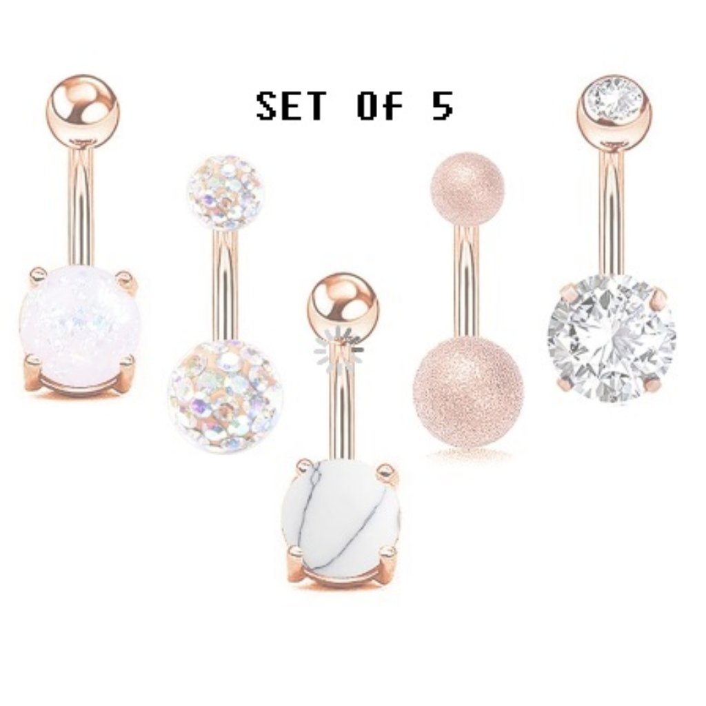 5-Pieces ~ Navel Piercing Set ~ Dangle ~ Crystal ~ Gold